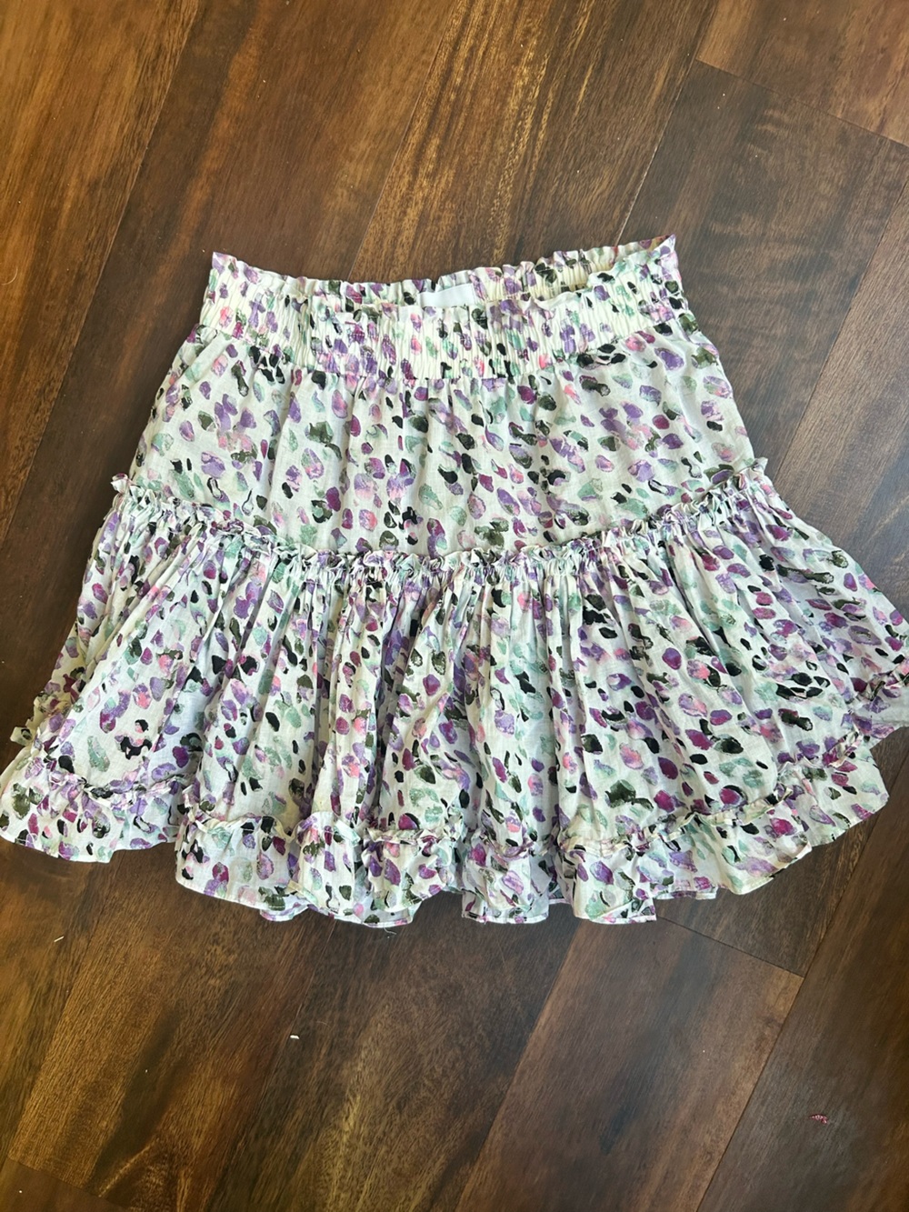 Misa Los Angeles Cream Mini Skirt with Purple & Black Spot Print